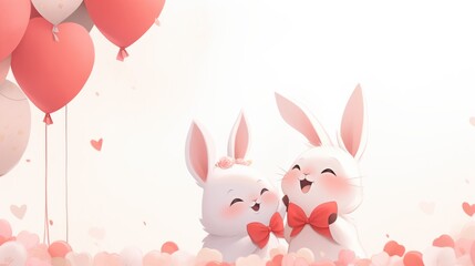 Valentine's Day background landscape with two cute rabbits, and heart balloons. Valentine’s Day concept. Flat lay, copy space