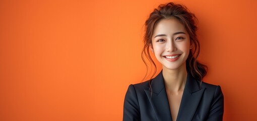 businesswoman, happy smiling female, wearing suit, light clean background - obrazy, fototapety, plakaty