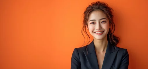 Fotobehang businesswoman, happy smiling female, wearing suit, light clean background © hakule