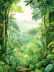 Watercolor Rainforest Animal Illustrations: Lush Greenery and Serene Landscape
