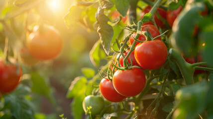 A bunch of ripe tomatoes on a bush.