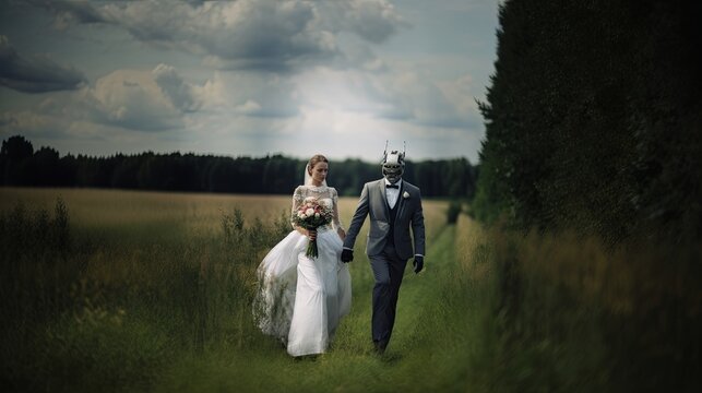Bride and robot-headed groom in surreal wedding photo walking in a natural field, depicting love and technology.