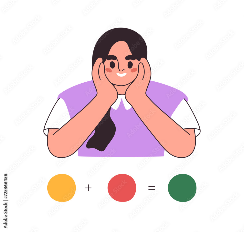 Poster student studying, calculating. girl learner thinking about formula, solving equation. happy person l