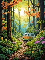 Retro Campervan Adventures: Woodland Art Print with Enchanting Forested Pathways
