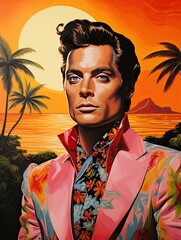 Retro Pop Culture Icons & Legendary Actors: Tropical Beach Dawn Painting
