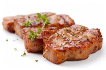 Succulent fried pork medallions, perfectly seared and isolated on a white background