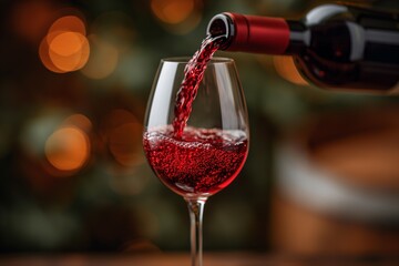 Red wine is poured from a bottle into a glass against a blurred background