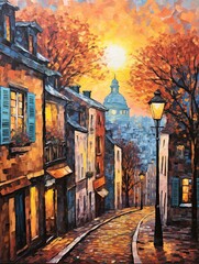 Naklejka premium Romantic Paris Street Art: Montmartre Sunsets & Scenic Prints