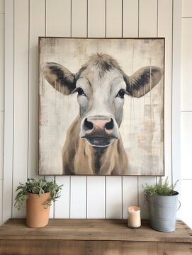 Vintage Cow Painting: Rustic Farm Animal Portraits Wall Art for Farmhouse Decor
