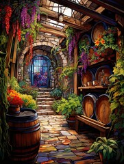 Fototapeta na wymiar Rustic Wine Cellar Art: Vibrant Landscape with Colorful Wine Labels