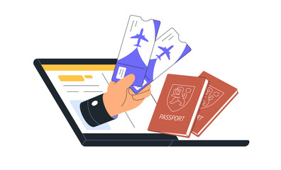 Booking and buying air flight tickets, trip, holiday travel online. Airline boarding pass with passport, documents, plane checkin in internet. Flat vector illustration isolated on white background