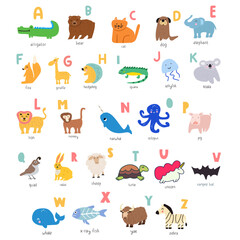 Animals alphabet for children. Cute and funny characters. Flat design. Vector illustrations