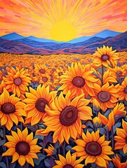 Fototapeta premium Bold Sunflower Colors: Vibrant Sunflower Field Paintings in Acrylic Landscape Art