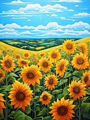 Fototapeta premium Bold Sunflower Colors: Captivating Acrylic Landscape Paintings of Sunflower Fields