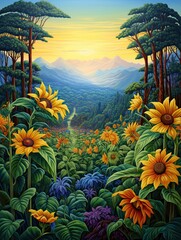 Fototapeta na wymiar Sunflower Pastels: Captivating Island Artwork of Sunflower-filled Fields