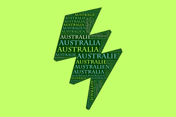Die Wörter 'Australien, Australia, Australie, ' als Word Art, Word Cloud, Tag Cloud in unterschiedlichen Sprachen mit Textfreiraum. - 725368437