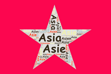 Die Wörter 'Asien, Asia, Asie, ' als Word Art, Word Cloud, Tag Cloud in unterschiedlichen Sprachen mit Textfreiraum. - 725368440