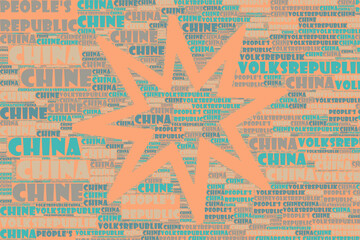 Die Wörter 'China, Volksrepublik, People's Republic of China, Chine, ' als Word Art, Word Cloud, Tag Cloud in unterschiedlichen Sprachen mit Textfreiraum. - 725368442