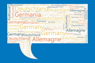 Die Wörter 'Deutschland, Germany, Allemagne, Germania' als Word Art, Word Cloud, Tag Cloud in unterschiedlichen Sprachen mit Textfreiraum. - 725368444