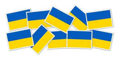 Briefmarke mit der Fahne, Nationalflagge der Ukraine - 725368456