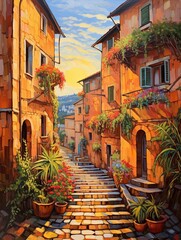Fototapeta na wymiar Sunlit Tuscan Street Paintings: A Serenade of Meandering Pathways