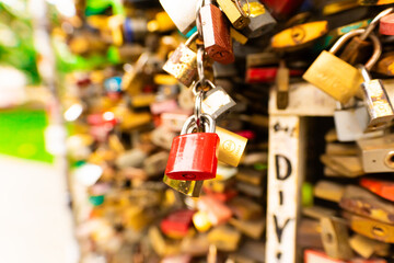 Budapest, Hungary - June 30, 2023: Wedding locks at the city park