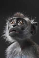 Obraz premium Expressive Portrait of Surprised Monkey with Wide Eyes on Dark Background