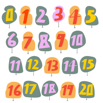 Numbers 0 - 20. Study counting for children. Vector flat design. Hand drawn illustration