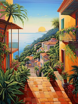 Sunlit Tuscan Street Paintings: Vibrant Coastal Scenes and Tropical Beach Art