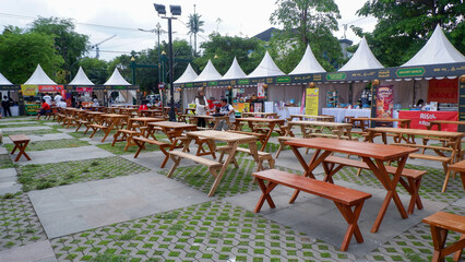 Surakarta, Indonesia, 24 October 2023, seating for eating at the food festival at Mangkunegaran Temple