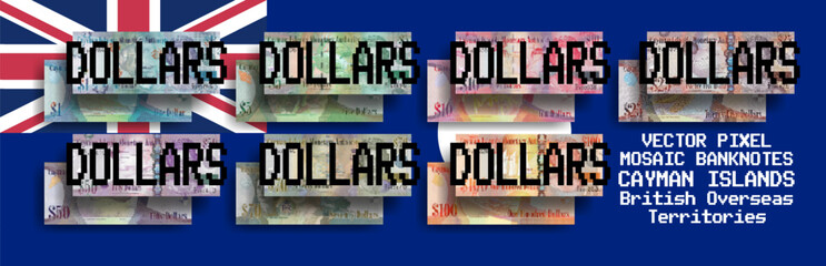 Vector set of pixel mosaic banknotes of Cayman Islands. Collection of notes in denominations of 1, 5, 10, 25, 50, 70 and 100 dollars. Obverse and reverse. Play money or flyers.