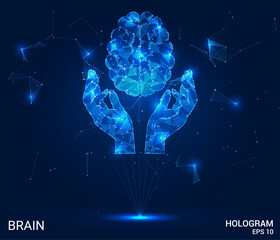 A hologram of the brain in the palms of your hands. The brain is in the hands of polygons, triangles of dots and lines. The brain is a low-poly compound structure. Technology concept vector.
