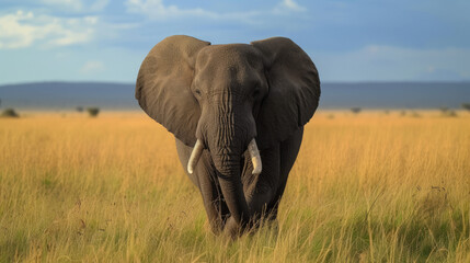 Fototapeta na wymiar African elephant Loxodonta africana walks swinging trunk in sunshine in Serengeti national park in Tanzania