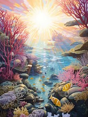 Golden Hour Splendor: Sunlit Shimmer on Tropical Coral Reef Paintings