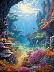 Tropical Coral Reef Paintings: Captivating Marine Plateaus & Underwater Mountains - Art Print