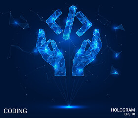 Hologram coding. The icon of the program code made of dots and lines. Coding or hacking experience. Software development and concept. Coding low-poly compound structure. Technology concept vector.