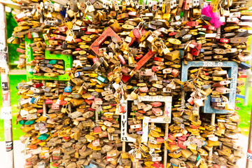 Budapest, Hungary - June 30, 2023: Wedding locks at the city park