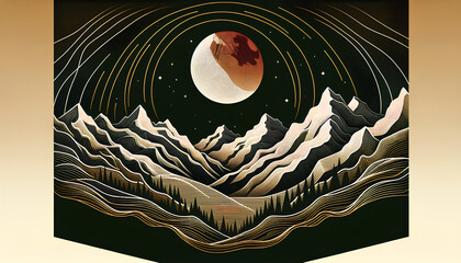 Vast mountain range at night, complete with a series of stylized topographic lines that elegantly flow