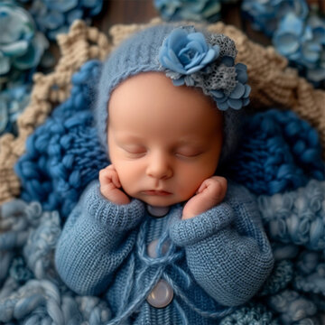 A newborn baby in a blue suit. The first photo session of a newborn ai technology