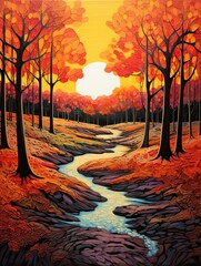 Vibrant Autumnal Forests: Beach Scene Painting - Sand Meets Trees