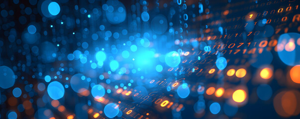 Binary data over a blue background with blurry pixels, featuring a bokeh effect. The illustration showcases blue digital binary code on a computer screen, creating a technological and abstract visual. - obrazy, fototapety, plakaty