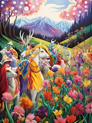 Obraz premium Vibrant Mardi Gras Meadow Painting: Field Dance Party