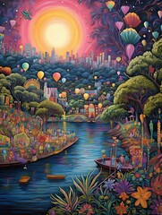 Vibrant Mardi Gras Riverside: Festive Painting of Riverbank Festivities