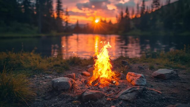 Camping by the river while enjoying the sunset in the mountains with campfire. seamless looping 4k time-lapse animation video background