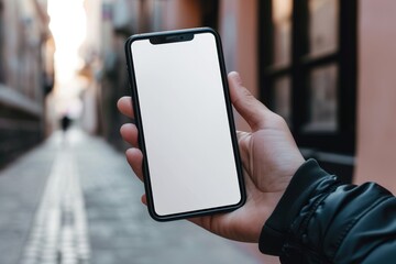 Mockup image of a smartphone with a white screen in a man's hand on the background of an old street