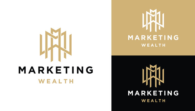 Golden Initial Letter M W MW MWM with Modern Geometric Line Art Logo Design