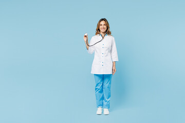 Full body female happy doctor woman wears white medical gown suit work in hospital clinic office...