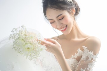 お花を持つウェディングドレス姿の笑顔の日本人女性（前撮り・結婚式・ウェディングフォト） - obrazy, fototapety, plakaty