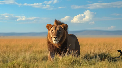 Single lion looking regal standing proudly on a small hill in Serengeti - obrazy, fototapety, plakaty