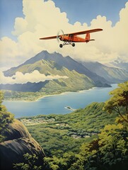 Fototapeta na wymiar Vintage Aviation Prints: Flight Over Islands - Captivating Island Artwork Revealing Soaring Views